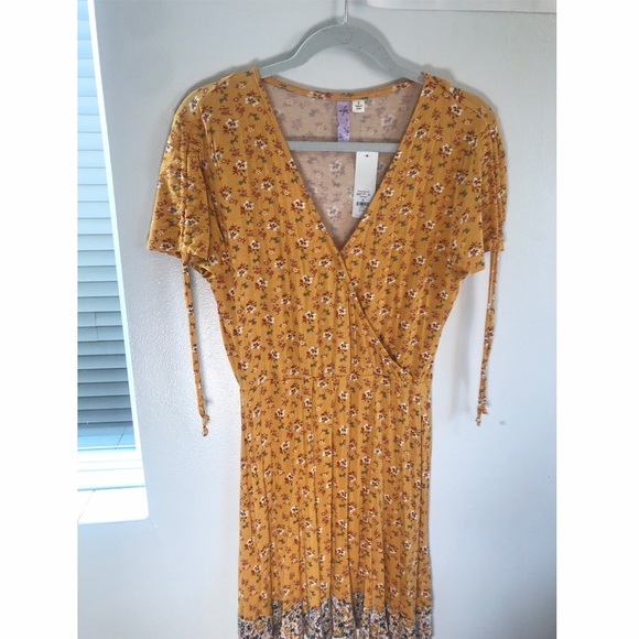 Francesca’s Yellow Floral Wrap Dress Soft Knit - Picture 2 of 6
